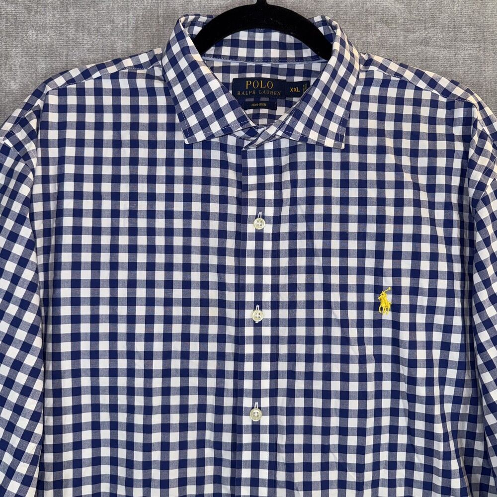 Polo Ralph Lauren Mens XXL Blue Gingham Non-Iron Long Sleeve Button Down Shirt